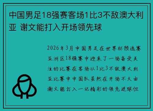 中国男足18强赛客场1比3不敌澳大利亚 谢文能打入开场领先球 中国男足18强赛客场1比3不敌澳大利亚 谢文能打入开场领先球